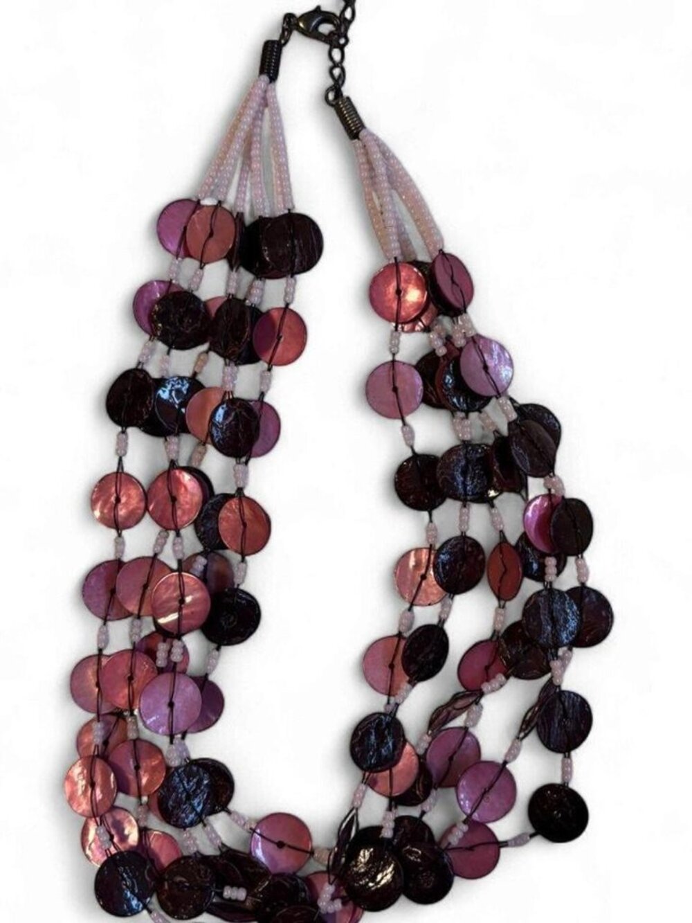 Vintage Multi-Strand Mother of Pearl Shell Disc Statement Necklace Pink Purple